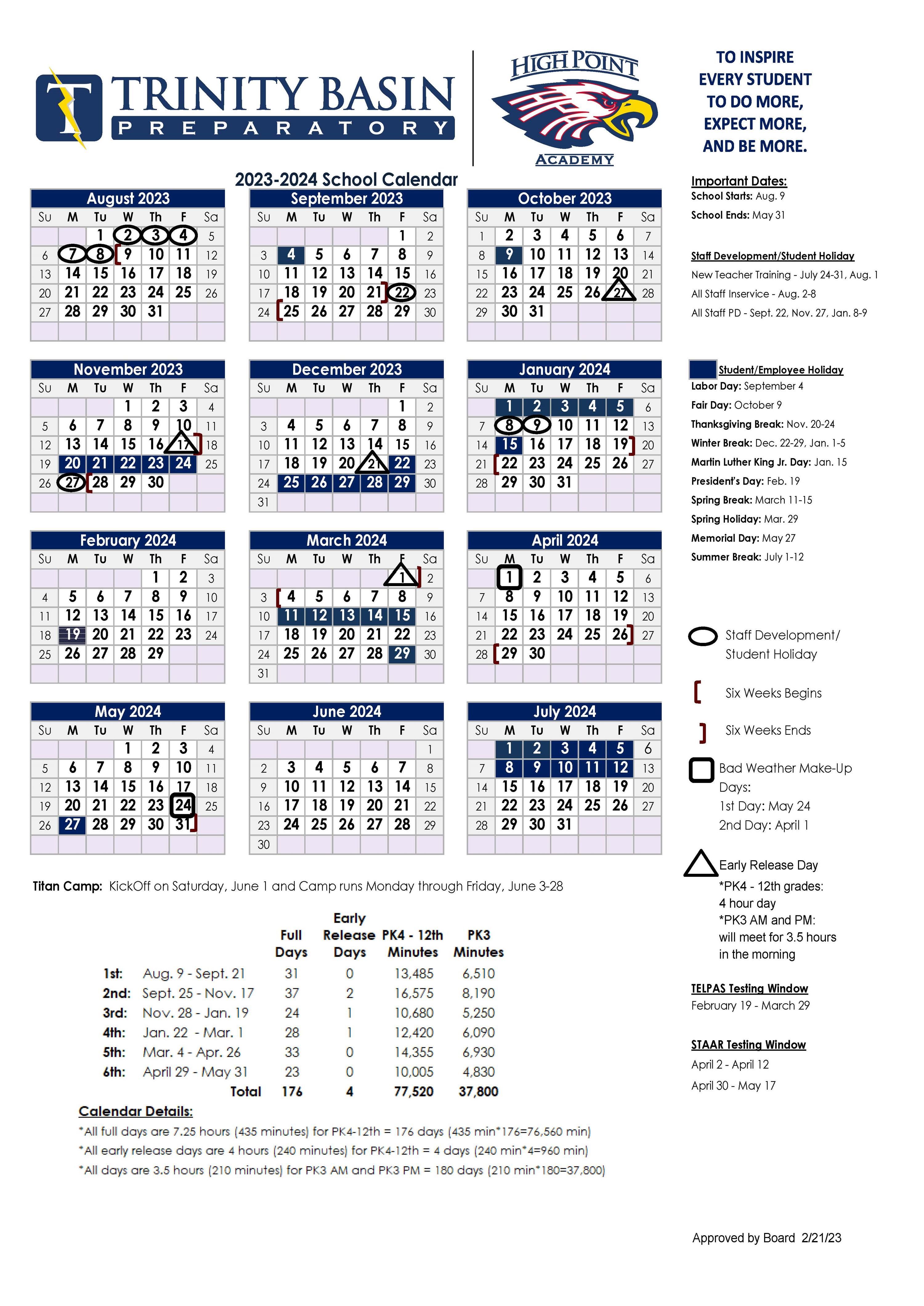2023-2024 Trinity Basin Preparatory and High Point Academy Academic Calendar